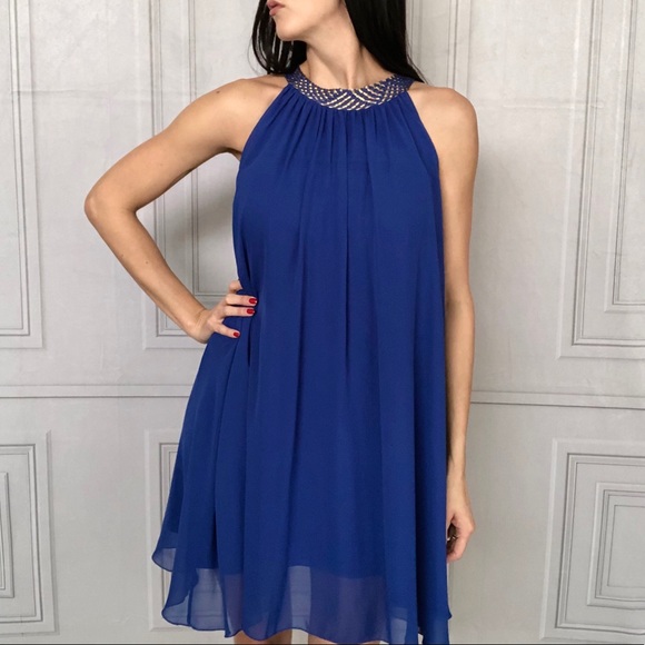 Sheer Blue & Gold Trapeze Dress - Picture 2 of 6